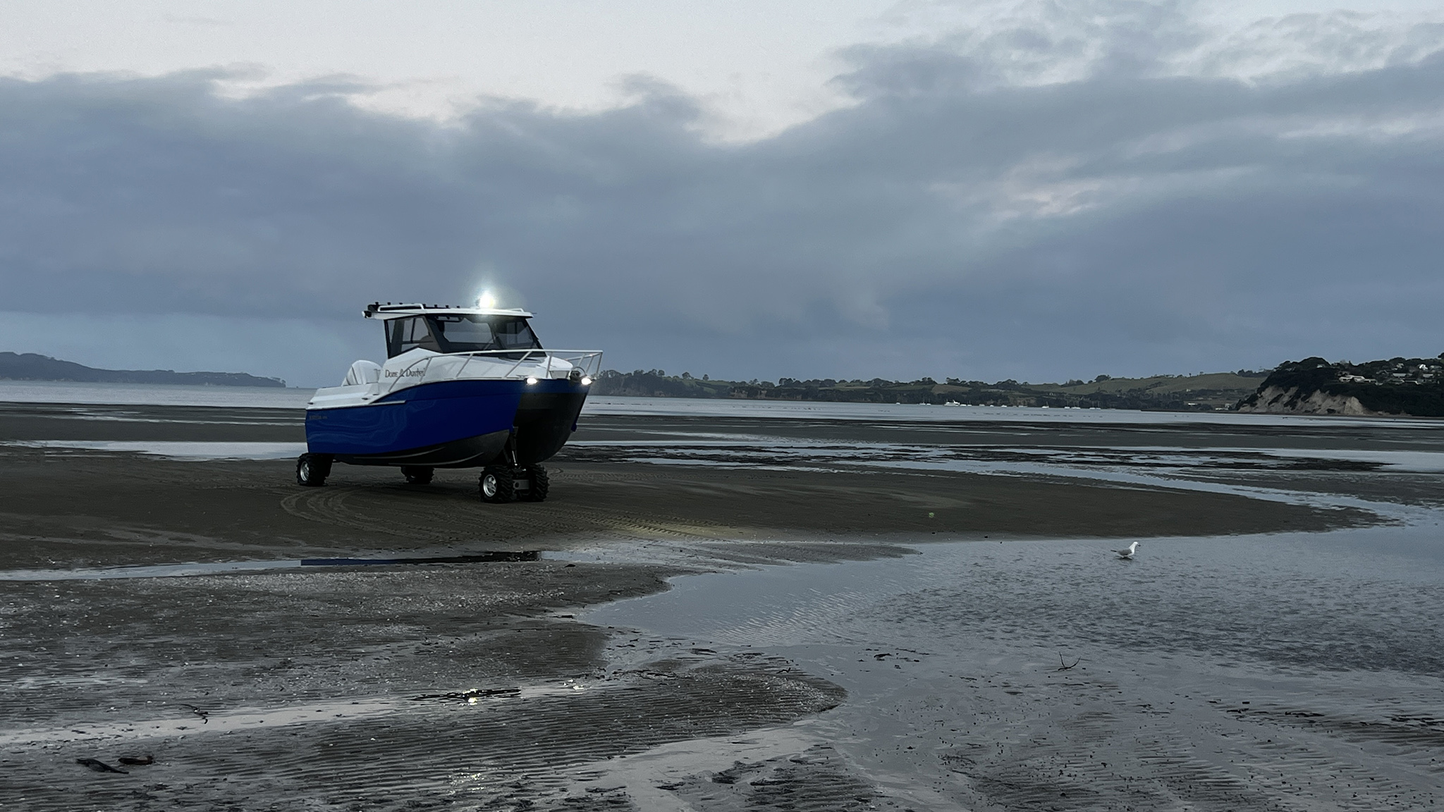 Stryda 600c Amphibious boat on soft sand tide out